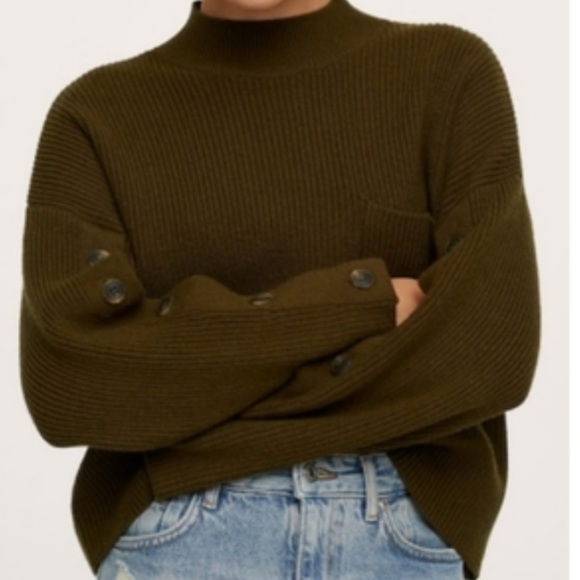 Mango Brown Cowl Neck Sweater with Buttoned Sleeves and breast pocket